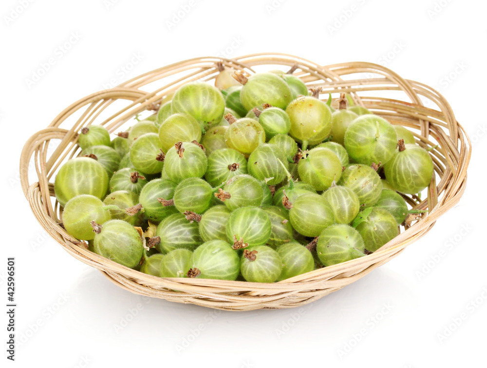 Green gooseberry in basket isolated on white Green gooseberry in basket isolated on white