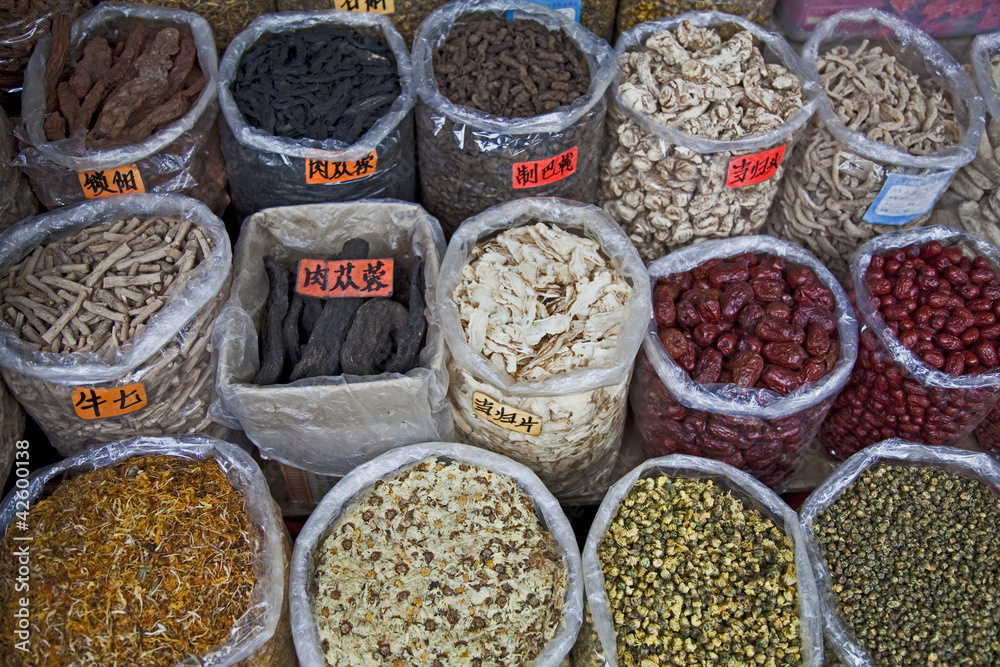 cereals and dried flowers in the market