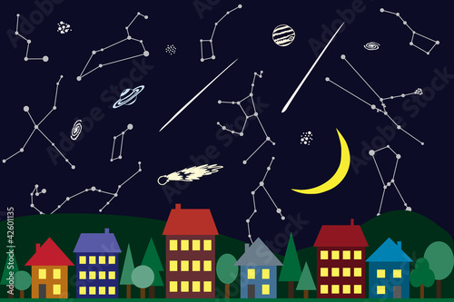 Illustration of night sky above the city photo