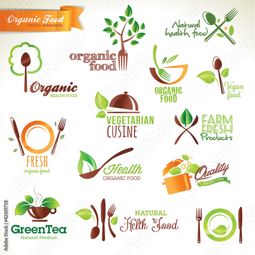 Set of vector icons and elements for organic food