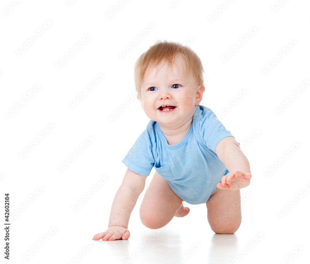 cute cheerful crawling baby boy isolated on white background cute cheerful crawling baby boy isolated on white background