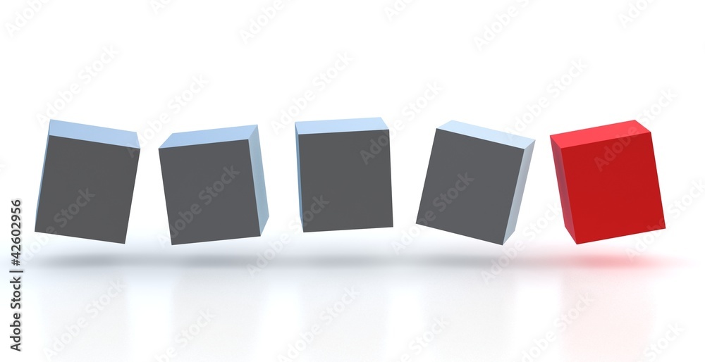 Abstract cubes in a row. One leader red box in others. Abstract cubes in a row. One leader red box in others.