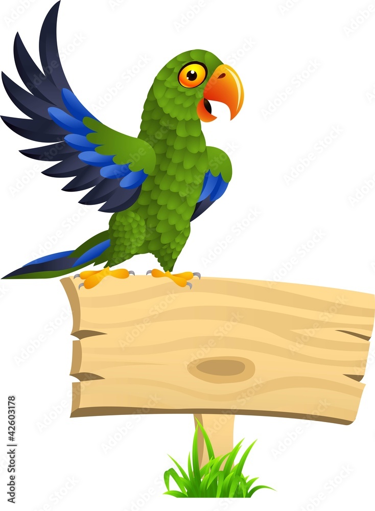 Obraz premium Green parrot with blank signboard