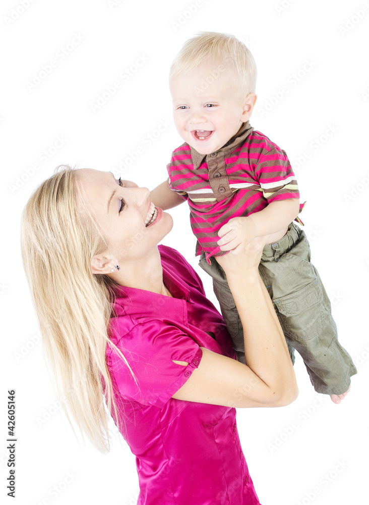 Happy mother playing with one year child raising up Happy mother playing with one year child raising up