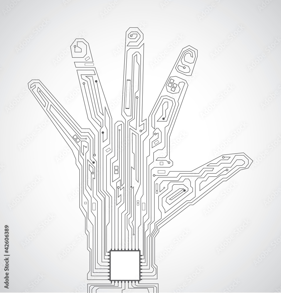 Circuit board pattern in the shape of hand palm Circuit board pattern in the shape of hand palm