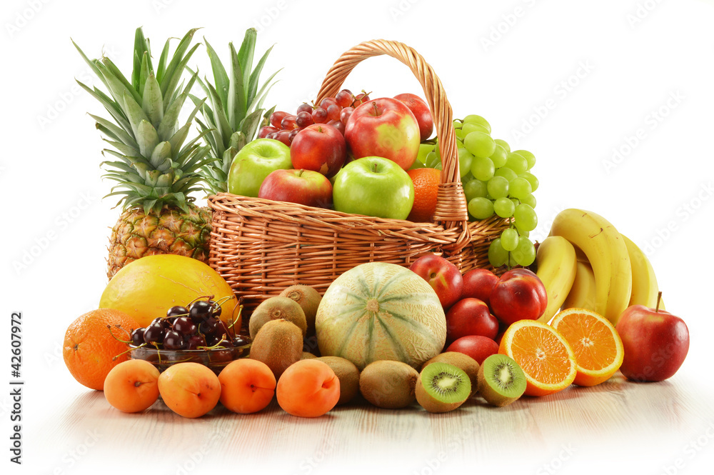 Composition with assorted fruits in wicker basket Composition with assorted fruits in wicker basket