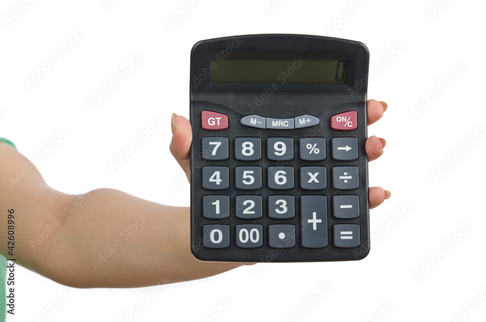 Hand holding calculator on white Hand holding calculator on white