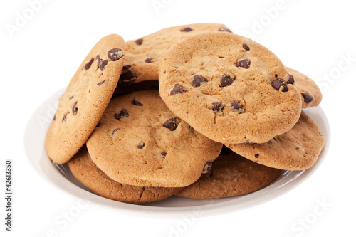 Plate of chocolate chip cookies isolated on white