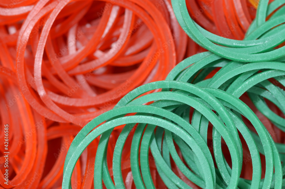 close up of colourful rubber bands - green&red