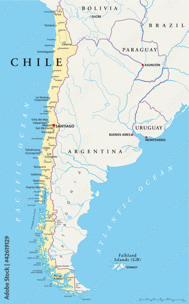 Chile political map with capital Santiago, with national borders, most ...