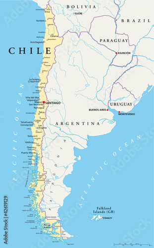 Chile political map with capital Santiago, with national borders, most important cities, rivers and lakes. Illustration with English labeling and scaling. Vector. photo