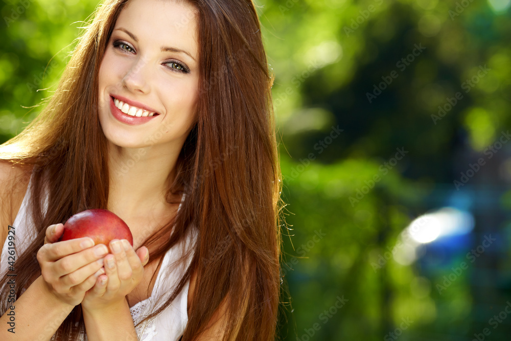 portrait long-haired woman hands red apple background summer p portrait long-haired woman hands red apple background summer p