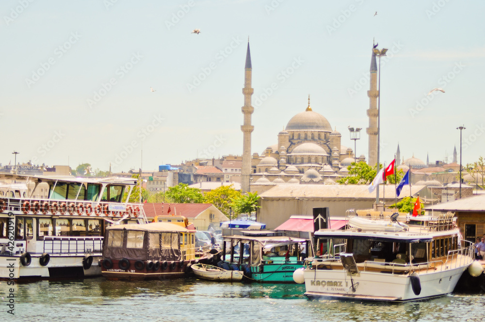 Cruise ferries in Eminonu Port near Yeni Cami in Istanbul