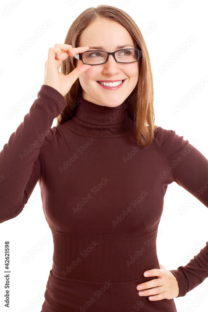 Smiling woman with black glasses