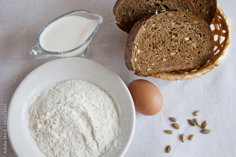 bread and flour on a table
