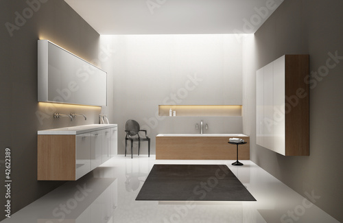 Grey white, wood sink, modern elegant luxury bathroom, chair