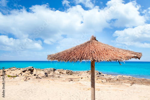 Balearic Formentera island with umbrella dried sunroof