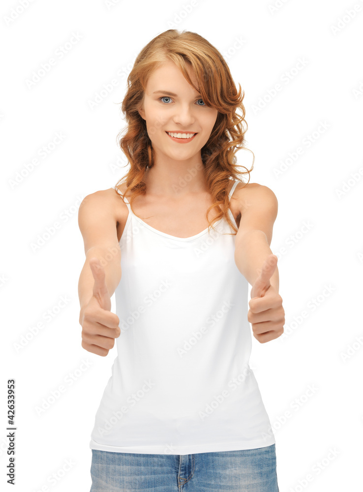 teenage girl in blank white t-shirt with thumbs up teenage girl in blank white t-shirt with thumbs up