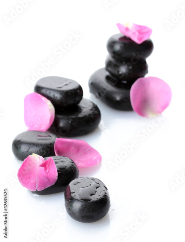 Spa stones with drops and rose petals isolated on white