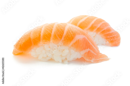 closeup of delicious japanese salmon sushi isolated on white
