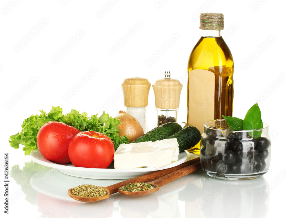 Ingredients for a Greek salad isolated on white background Ingredients for a Greek salad isolated on white background
