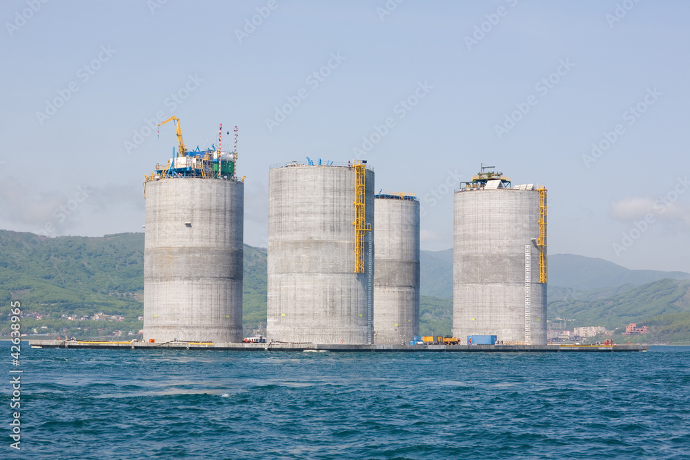 Offshore base oil drilling platform.Sea Japan.Russian Offshore base oil drilling platform.Sea Japan.Russian
