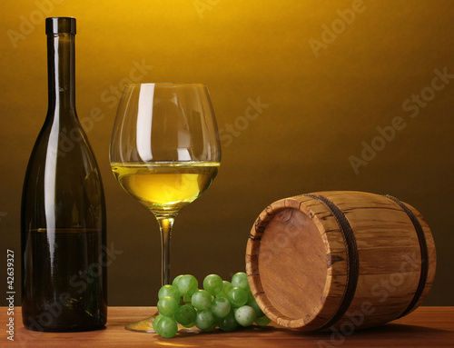 In wine cellar. Composition of wine bottle and runlet
