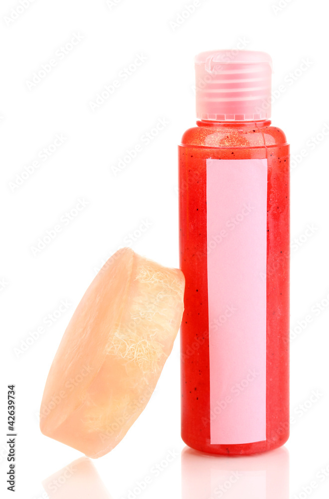 Bottle with scrub and soap isolated on white Bottle with scrub and soap isolated on white