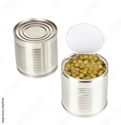 Open tin can of peas and closed can isolated on white