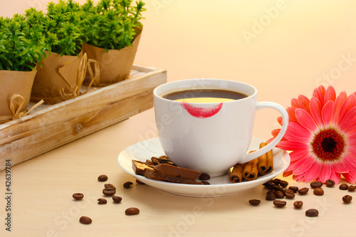 cup of coffee with lipstick mark and gerbera beans, cinnamon