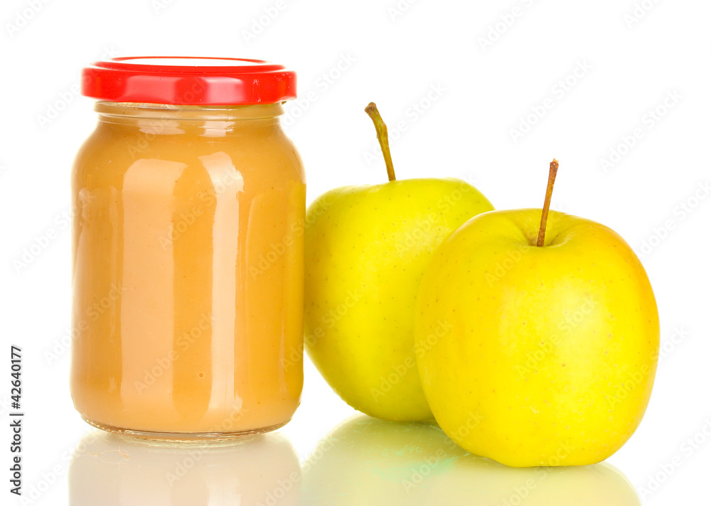 Jar with apple baby food isolated on white