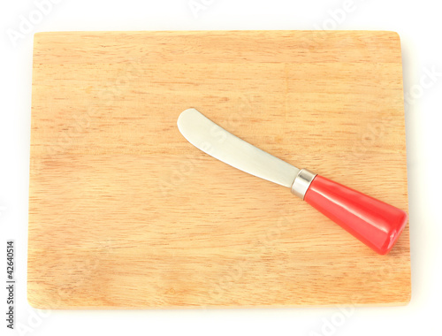 Cutting board with knife for cheese isolated on white close-up
