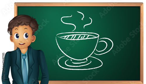 man showing cup on board