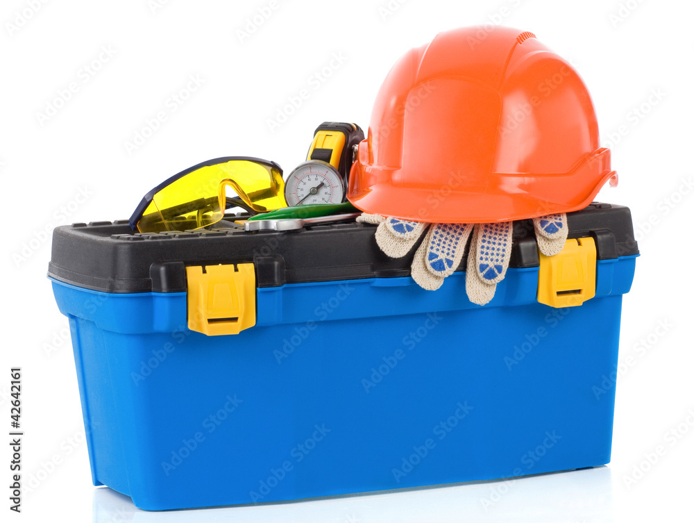 tools and instruments on box isolated on white tools and instruments on box isolated on white