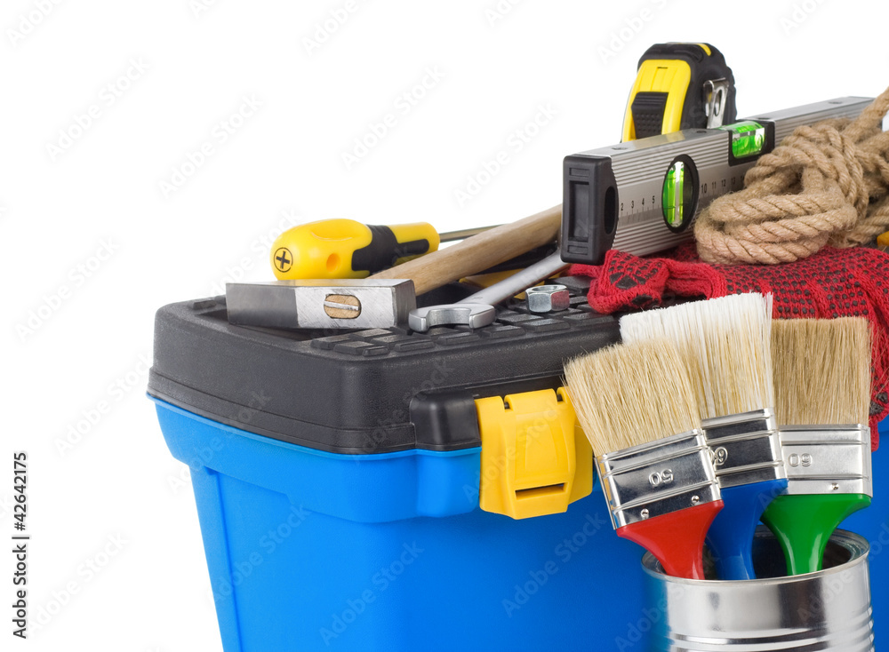 construction toolbox and tools isolated on white construction toolbox and tools isolated on white
