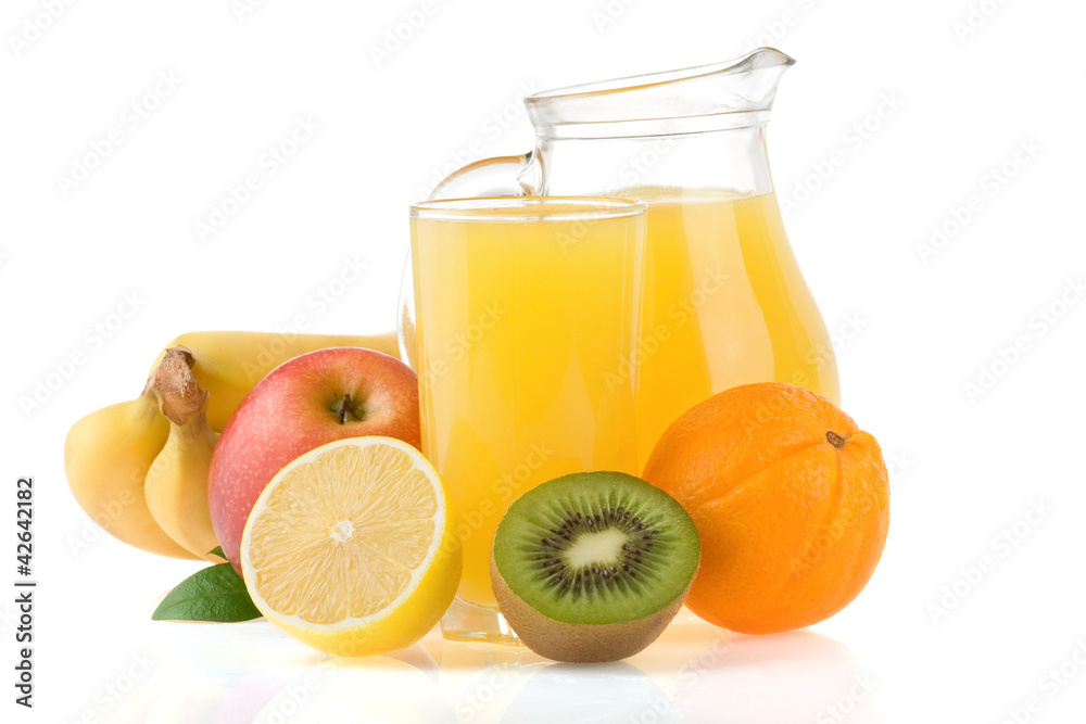 fresh fruits juice in glass and slices isolated on white fresh fruits juice in glass and slices isolated on white