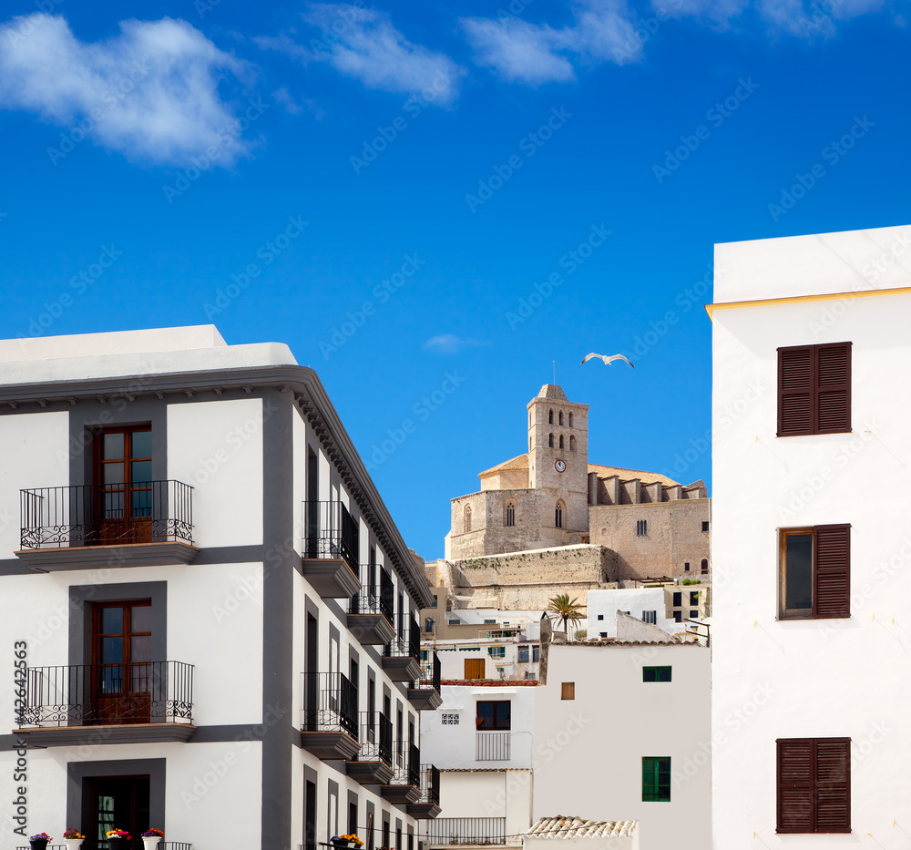 Eivissa Ibiza town with church under blue sky