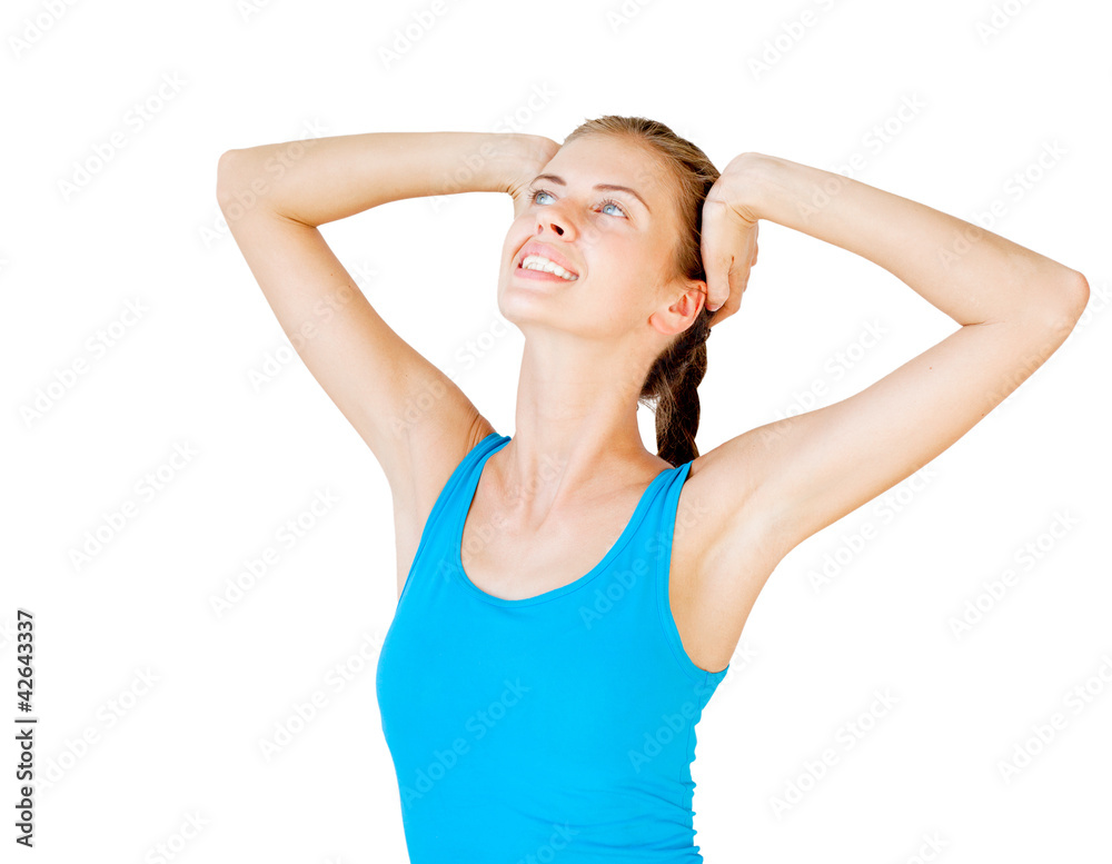pretty young woman stretching isolated on white