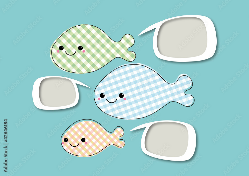 Three cute, smiling fishes with polkadot pattern and speech bubb Three cute, smiling fishes with polkadot pattern and speech bubb