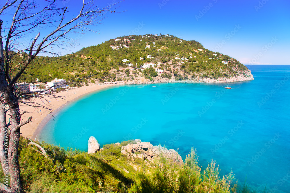 Fototapeta premium Aerial view of Caleta de Sant Vicent in Ibiza island