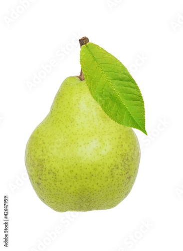 Beautiful fresh ripe pear with green leaf isolated on white