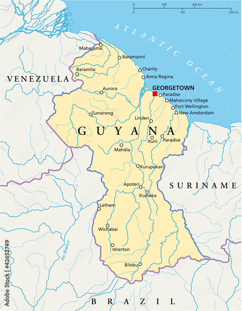 Guyana political map with capital Georgetown, national borders, most important cities and rivers. English labeling and scaling. Illustration. Vector.