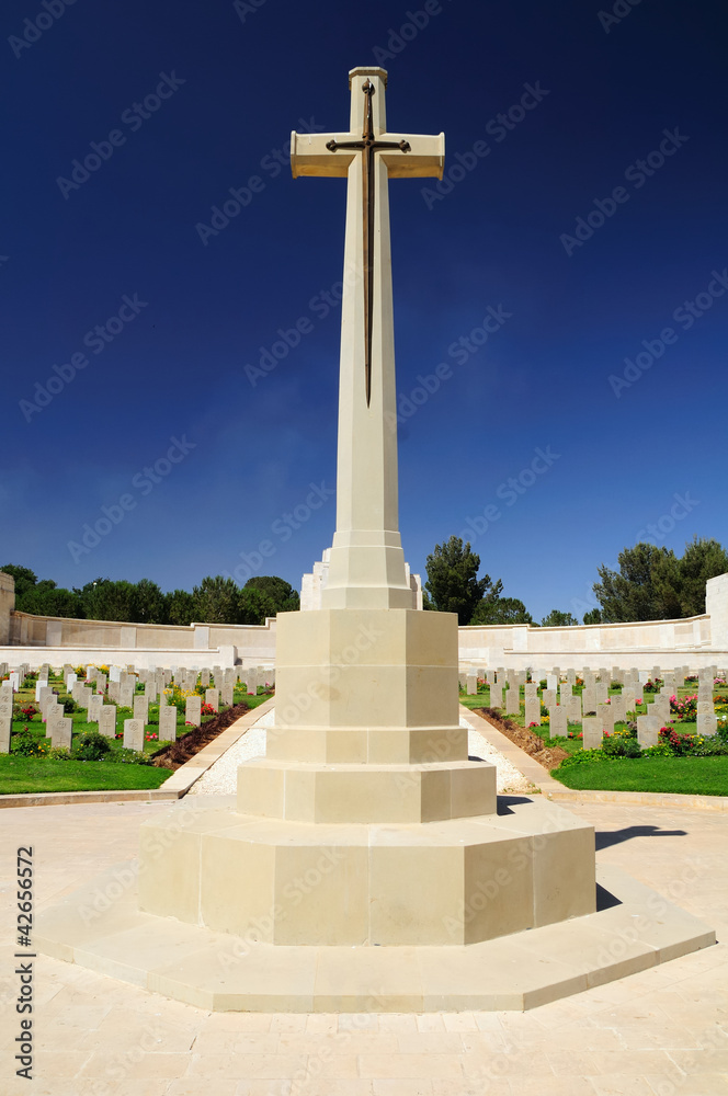Huge stone cross at the british cemetery in Jerusalem
