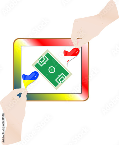 hands with national flag on computer tablet pc. Vector
