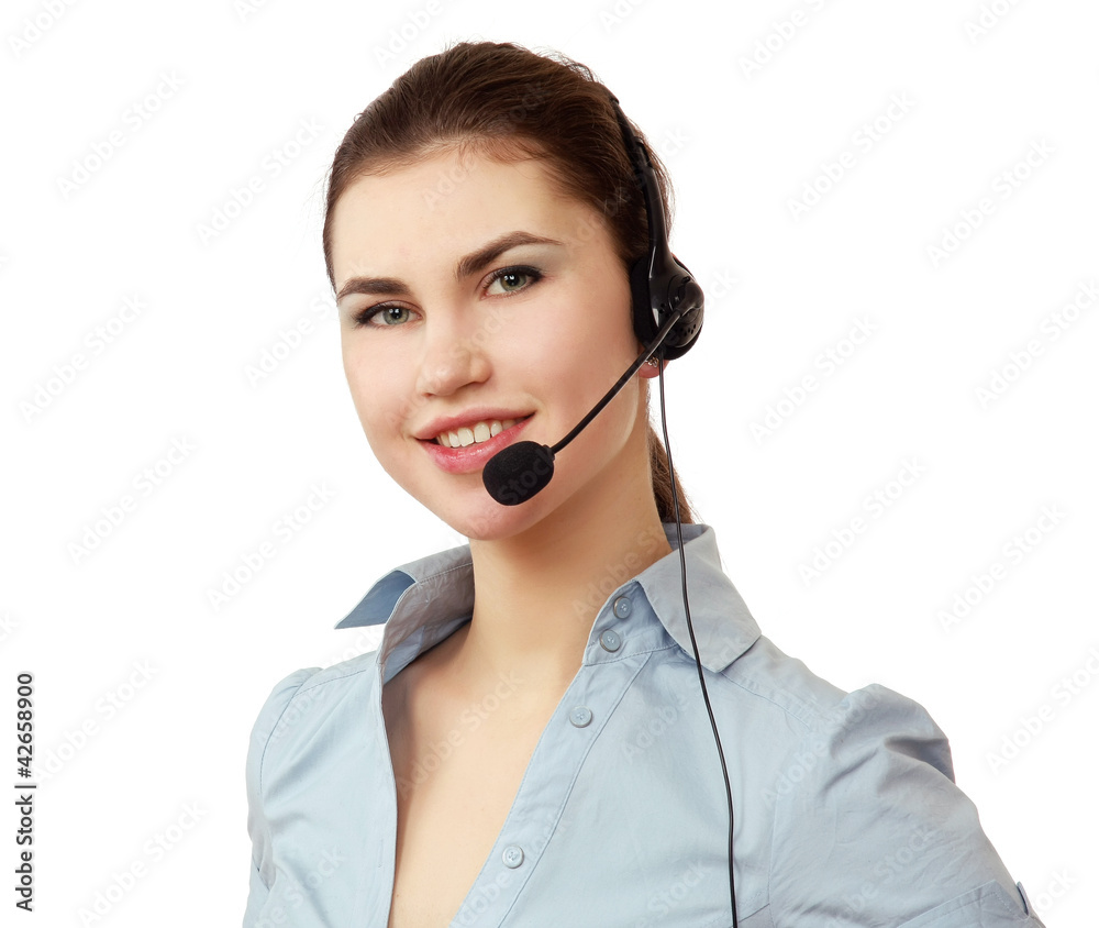 A portrait of a call center employee wearing headset A portrait of a call center employee wearing headset