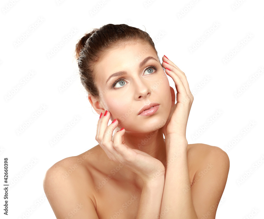 Happy woman touching her face isolated on whire background