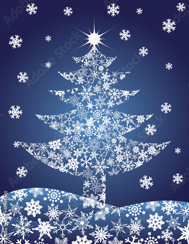 Christmas Tree Silhouette with Snowflakes Illustration