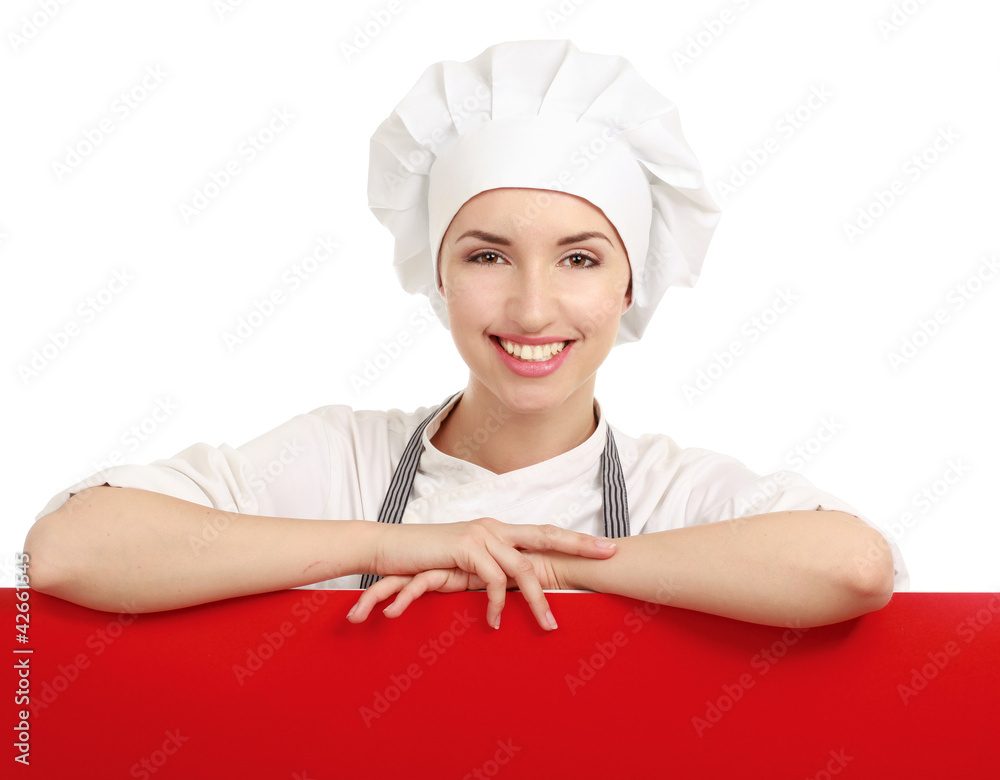 Happy woman cook or baker holding over paper sign billboard. Happy woman cook or baker holding over paper sign billboard.
