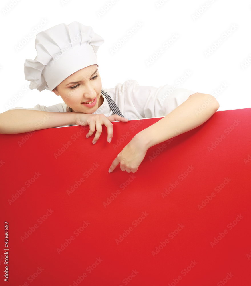 Happy woman cook or baker holding over paper sign billboard. Happy woman cook or baker holding over paper sign billboard.