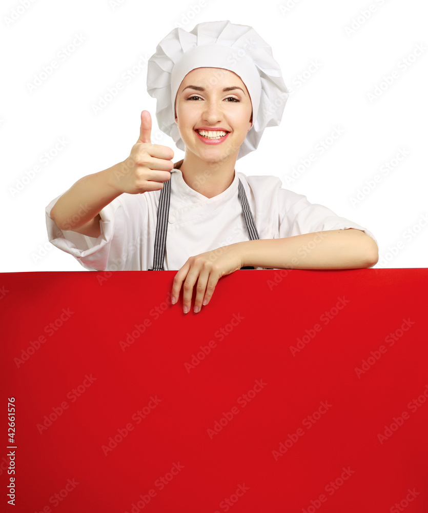 Chef woman holding a blank board and showing ok Chef woman holding a blank board and showing ok